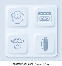 Set line Mustache and beard, Cream or lotion cosmetic jar, Mustache and beard and Hairbrush. White square button. Vector