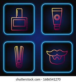 Set line Mustache and beard, Curling iron for hair, Aftershave and Cream or lotion cosmetic tube. Gradient color icons. Vector