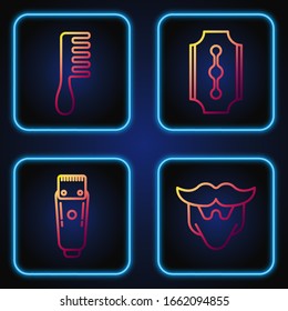 Set line Mustache and beard, Electrical hair clipper or shaver, Hairbrush and Blade razor. Gradient color icons. Vector