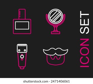 Set line Mustache and beard, Electrical hair clipper or shaver, Round makeup mirror and Aftershave icon. Vector