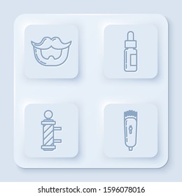Set line Mustache and beard, Glass bottle with a pipette, Classic Barber shop pole and Electrical hair clipper or shaver. White square button. Vector