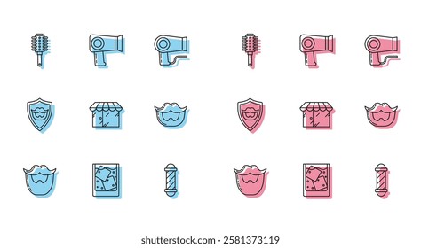 Set line Mustache and beard, Glass of whiskey ice cubes, Hairbrush, Classic Barber shop pole, Barbershop building, on shield and dryer icon. Vector