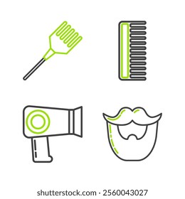 Set line Mustache and beard, Hair dryer, Hairbrush and  icon. Vector