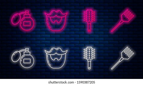Set line Mustache and beard, Hairbrush, Aftershave and Hairbrush. Glowing neon icon on brick wall. Vector