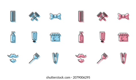 Set line Mustache and beard, Hairbrush, Curling iron for hair, Cream lotion cosmetic tube, Barbershop building,  and Crossed shaving razor icon. Vector