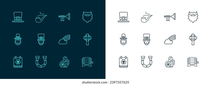 Set line Mustache and beard, Horseshoe, Rainbow with cloud, Glass of beer, Leprechaun, Trumpet, hat and Smoking pipe icon. Vector