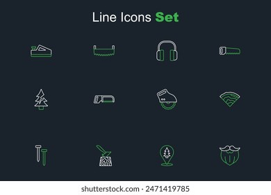 Set line Mustache and beard, Location of the forest, Wooden axe in stump, Metallic nails, beam, Electric circular saw, Hacksaw and Tree icon. Vector