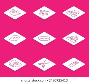 Set line Mustache and beard, Oil for hair care treatment, Hairstyle, Blade razor, Barbershop and Scissors hairdresser icon. Vector