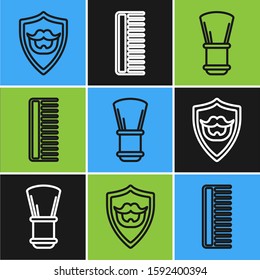 Set line Mustache and beard on shield, Shaving brush and Hairbrush icon. Vector