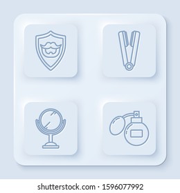 Set line Mustache and beard on shield, Curling iron for hair, Hand mirror and Aftershave. White square button. Vector