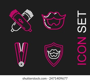 Setzen Sie Linie Schnurrbart und Bart auf Schild, Eisen Locken für Haare und Crossed Electrical Clipper Rasierer Symbol. Vektorgrafik