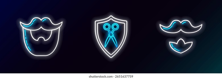 Definir linha Mustache e barba, e Tesoura ícone escudo cabeleireiro. Néon brilhante. Vetor