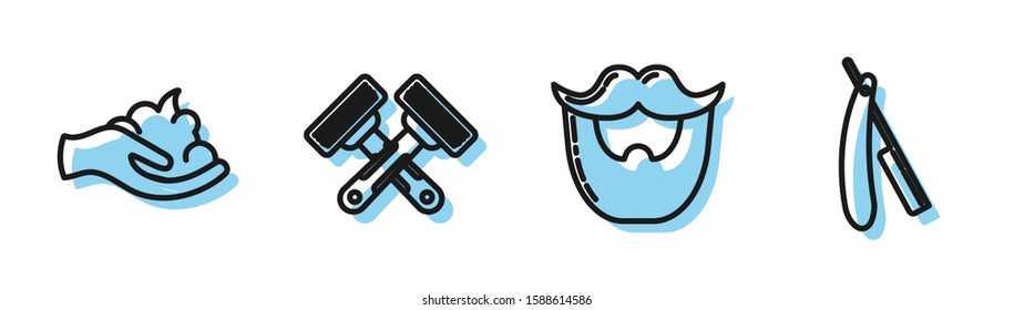 Set line Mustache and beard, Shaving gel foam on hand, Crossed shaving razor and Straight razor icon. Vector