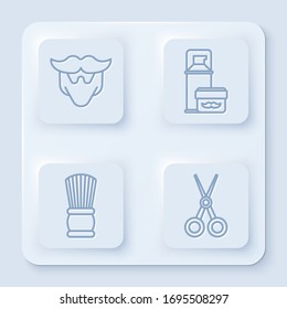 Set line Mustache and beard, Shaving gel foam, Shaving brush and Scissors hairdresser. White square button. Vector
