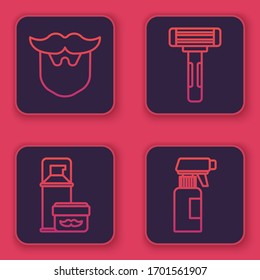 Fije la línea Mustache y barba, espuma de gel espumoso, navaja y frasco de spray con pistola de peluquería. Botón cuadrado azul. Vector