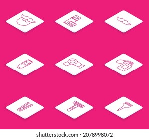 Fijar la línea Mustache y barba, Espuma de gel de conejo, Cuchillo o afeitador eléctrico, Secador de pelo, Botella Aftershave con atomizador, Hierro de curling para y icono de afeitar. Vector