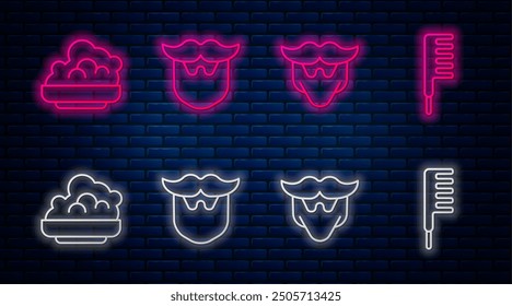 Set line Mustache and beard, Mustache and beard, Shaving gel foam and Hairbrush. Glowing neon icon on brick wall. Vector