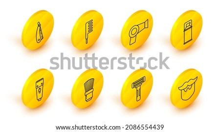 Set line Mustache and beard, Shaving razor, brush, Electrical hair clipper shaver, gel foam, Hair dryer, Hairbrush and Straight icon. Vector