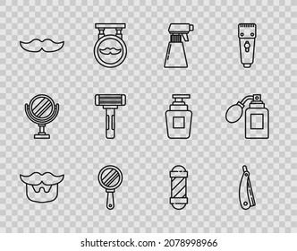 Fija la línea Mustache y barba, razor recto, botella de spray para pistolas de peluquería, espejo de mano, Shave, barra clásica de barbería y Aftershave con el icono del atomizador. Vector