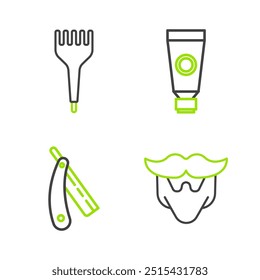 Set line Mustache and beard, Straight razor, Cream lotion cosmetic tube and Hairbrush icon. Vector