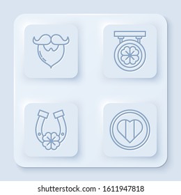 Set line Mustache and beard, Street signboard with four leaf clover, Horseshoe with four leaf clover and Heart and Happy Saint Patrick day. White square button. Vector