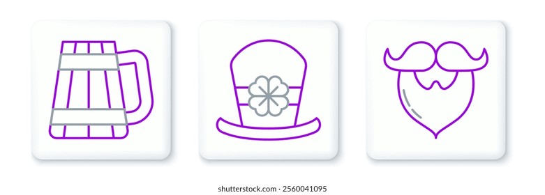 Set line Mustache and beard, Wooden beer mug and Leprechaun hat four leaf clover icon. Vector