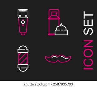 Set line Mustache, Classic Barber shop pole, Shaving gel foam and Electrical hair clipper or shaver icon. Vector