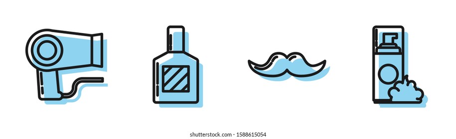Set line Mustache, Hair dryer, Aftershave and Shaving gel foam icon. Vector