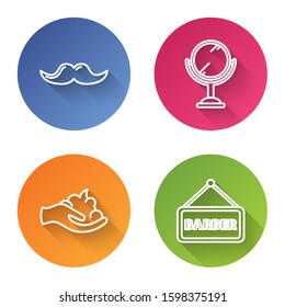 Set line Mustache, Hand mirror, Shaving gel foam on hand and Barbershop. Color circle button. Vector