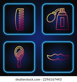 Set line Mustache, Hand mirror, Hairbrush and Aftershave bottle with atomizer. Gradient color icons. Vector