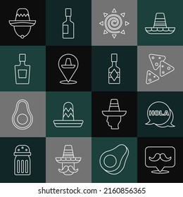 Set line Mustache, Hola, Nachos, Sun, Mexican sombrero, Tequila bottle,  and Tabasco sauce icon. Vector