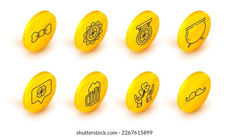 Set line Mustache, Human hands holding four leaf clover, Wooden beer mug, Four speech bubble, Witch cauldron, Street signboard with, Bottle cap and Bow tie icon. Vector