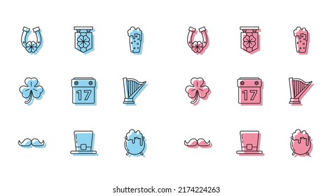 Set line Mustache, Leprechaun hat, Horseshoe with four leaf clover, Witch cauldron, Saint Patrick's day calendar, Harp, Four and Street signboard icon. Vector