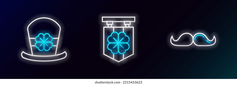 Set line Mustache, Leprechaun hat and four leaf clover and Street signboard with icon. Glowing neon. Vector