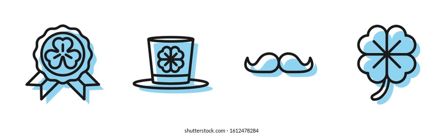 Set line Mustache, Medal with four leaf clover, Leprechaun hat and four leaf clover and Four leaf clover icon. Vector