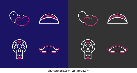 Set line Mustache, Mexican skull, Taco with tortilla and Beans icon. Vector