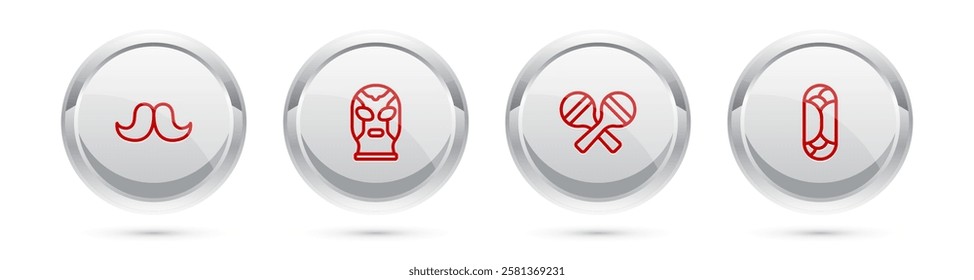 Set line Mustache, Mexican wrestler, Maracas and Burrito. Silver circle button. Vector