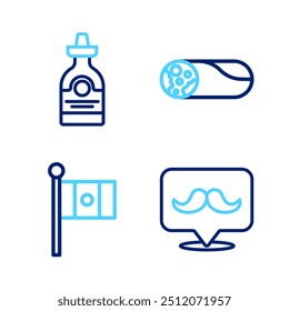 Set line Mustache, Mexico flag, Burrito and Tequila bottle icon. Vector