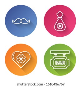 Set line Mustache, Money bag with four leaf clover, Heart with four leaf clover and Street signboard with inscription Bar. Color circle button. Vector