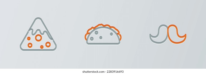 Set line Mustache, Nachos and Taco with tortilla icon. Vector