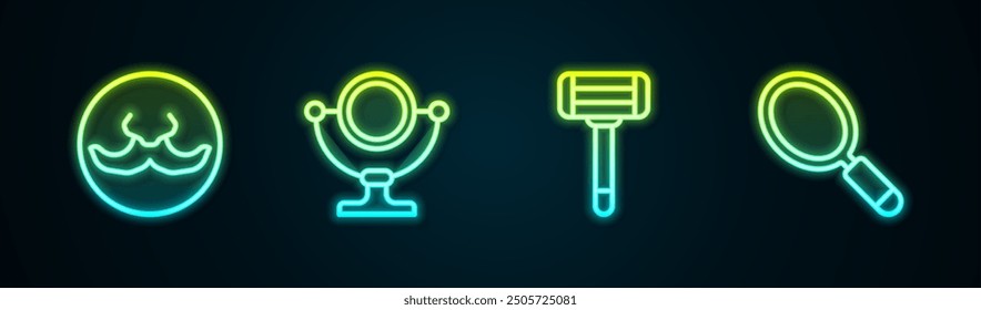 Set line Mustache, Round makeup mirror, Shaving razor and Hand. Glowing neon icon. Vector