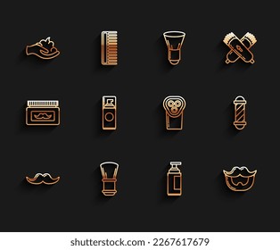Set line Mustache, Shaving brush, gel foam on hand, Cream or lotion cosmetic tube, beard, Classic Barber shop pole and Electrical hair clipper shaver icon. Vector