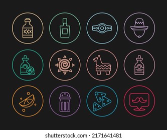 Set line Mustache, Tequila bottle, Wrestling championship belt, Sun, with lemon, Pinata and  icon. Vector