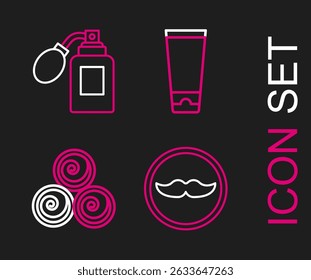 Set line Mustache, Towel rolls, Cream or lotion cosmetic tube and Aftershave bottle with atomizer icon. Vector