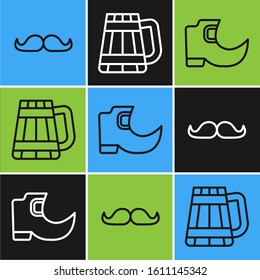 Set line Mustache, Tradition leprechaun boots and Wooden beer mug icon. Vector