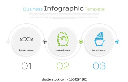 Set line Mustache, Witch cauldron and Witch cauldron and rainbow. Business infographic template. Vector