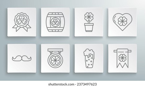 Set line Mustache, Wooden barrel with four leaf clover, Street signboard, Glass of beer, Four and party pennant, in pot, Heart and Medal icon. Vector
