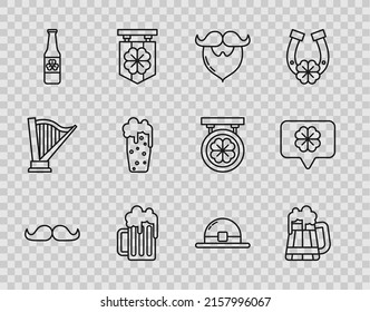 Set line Mustache, Wooden beer mug, and beard, Beer bottle with four leaf clover, Glass of, Leprechaun hat and Four in speech bubble icon. Vector