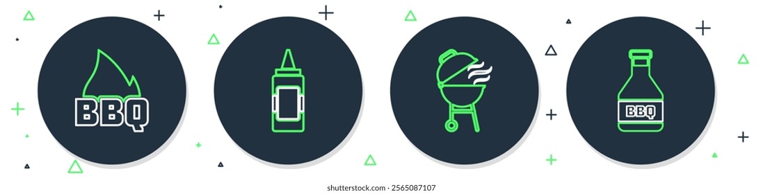 Set line Mustard bottle, Barbecue grill, fire flame and Ketchup icon. Vector