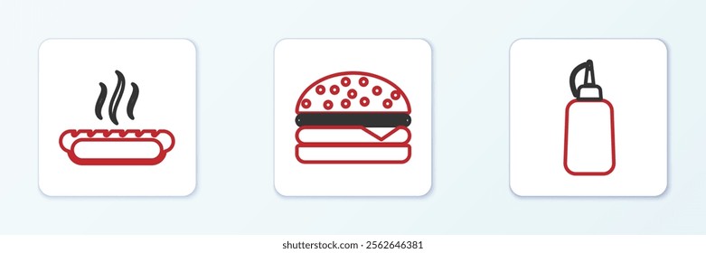 Set line Mustard bottle, Hotdog sandwich and Burger icon. Vector